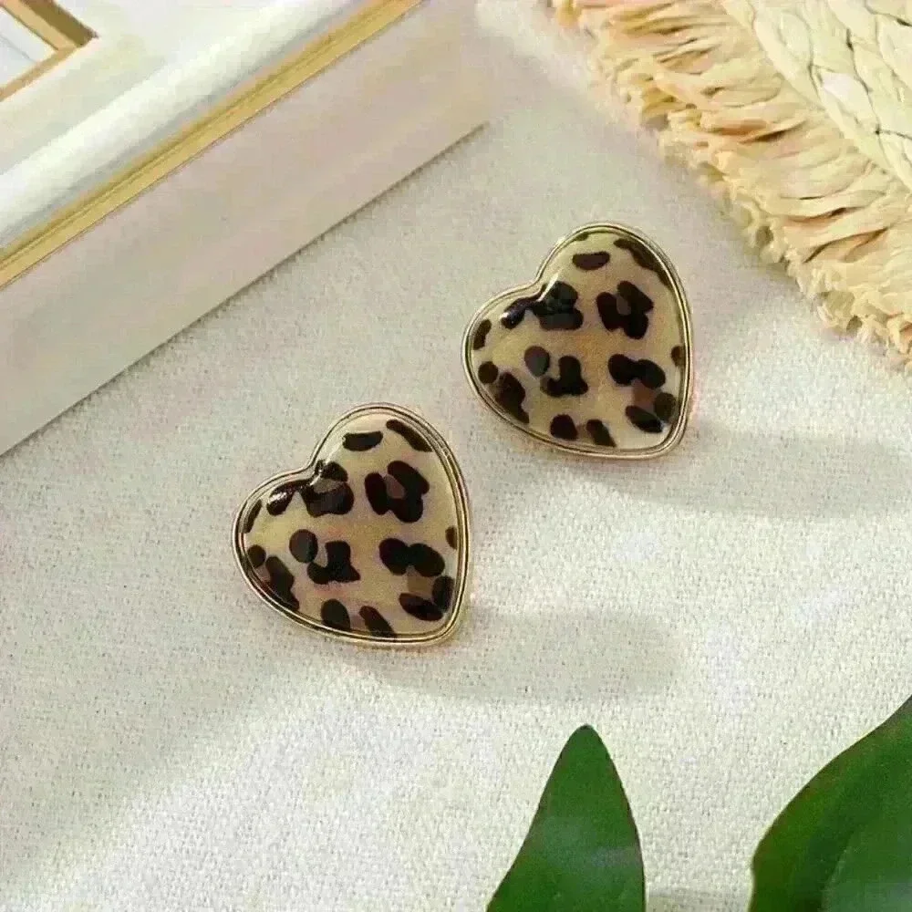Leopard Pattern Love Heart Stud Earrings